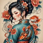A neo traditional tattoo illustration of a woman with her hair in an ornate, cyber geisha style, a tattoo of a koi fish swimming 2025 №94 - фото tatufoto.com