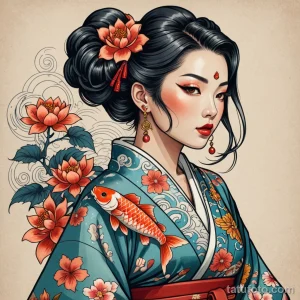 Фото тату с изображением японской гейши и карпа кои. Красивый рисунок татуировки в традиционном японском стиле.