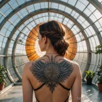 A photorealistic portrait of a woman inside a giant bio dome, looking at an artificial sun, a tattoo of Icarus on her back, 2025 №96 - фото tatufoto.com