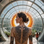 A photorealistic portrait of a woman inside a giant bio dome, looking at an artificial sun, a tattoo of Icarus on her back, _1 2025 №97 - фото tatufoto.com