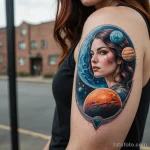 A photorealistic portrait of a woman looking at two different planets through her spaceship window, a tattoo of a two faced Janu 2025 №98 - фото tatufoto.com
