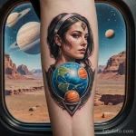 A photorealistic portrait of a woman looking at two different planets through her spaceship window, a tattoo of a two faced Janu _1 2025 №99 - фото tatufoto.com