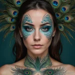 A photorealistic portrait of a woman with multiple cybernetic eyes, each a different color, a tattoo of a peacock feather on her _1 2025 №100 - фото tatufoto.com
