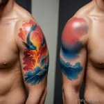 A photorealistic shot of a tattoo that changes color with the wearer's mood, shifting from cool blue to warm red, _1 2025 №105 - фото tatufoto.com