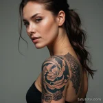 A photorealistic shot of a woman whose skin is a canvas for a light projection tattoo, constantly changing and interacting with _1 2025 №107 - фото tatufoto.com