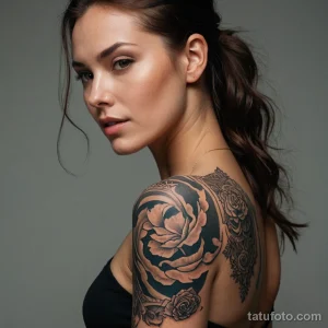 A photorealistic shot of a woman whose skin is a canvas for a light projection tattoo, constantly changing and interacting with _1 2025 №107 - фото tatufoto.com
