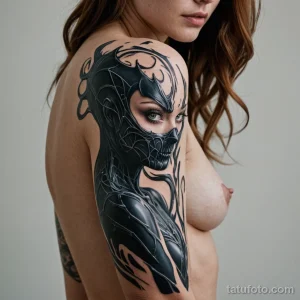 A photorealistic shot of a woman whose tattoo is a living symbiote, its texture and color subtly shifting, 2025 №108 - фото tatufoto.com