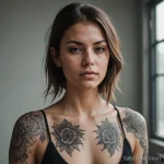 A photorealistic shot of a woman whose tattoos are symbiotic organisms that clean the air around her, a faint aura surrounds the _1 2025 №110 - фото tatufoto.com