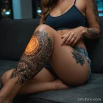A photorealistic shot of a woman's thigh with a glowing, animated tattoo that shifts its pattern, _1 2025 №113 - фото tatufoto.com