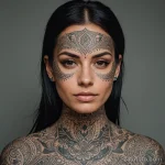 A portrait of a woman from a society that uses tattoos as a form of identification, her face and neck covered in beautiful, intr _1 2025 №117 - фото tatufoto.com