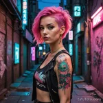 A portrait of a woman with short, punk style pink hair in a neon lit alley of a cyberpunk city, a trash polka tattoo with glitch 2025 №118 - фото tatufoto.com