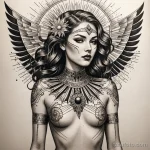 A powerful tattoo sketch of a woman's chest and shoulders, an ornamental, Art Deco inspired sunburst tattoo covers her chest, it _1 2025 №119 - фото tatufoto.com