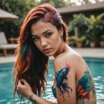 A sensual shot of a woman getting out of a pool, water droplets clinging to her skin and her vibrant watercolor tattoo of a bett 2025 №121 - фото tatufoto.com
