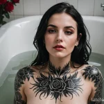 A sensual shot of a woman in a bath filled with a shimmering, milky substance, a blackwork tattoo of thorny roses is partially s _1 2025 №122 - фото tatufoto.com