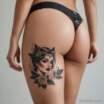 A sensual shot of a woman's thigh, with a garter style tattoo that has a small, hyperrealistic data port integrated into the des 2025 №123 - фото tatufoto.com