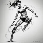 A sketch of a woman in futuristic sportswear, a dynamic, abstract tattoo of flowing lines wraps around her leg, emphasizing her 2025 №124 - фото tatufoto.com