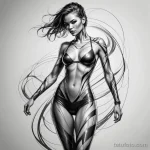 A sketch of a woman in futuristic sportswear, a dynamic, abstract tattoo of flowing lines wraps around her leg, emphasizing her _1 2025 №125 - фото tatufoto.com