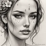 A sketch of a woman whose tears are watering a tiny, delicate flower tattoo on her cheek, making it grow and bloom, 2025 №126 - фото tatufoto.com