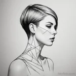 A sketch of a woman with a sharp, asymmetrical haircut, a minimalist, geometric linework tattoo follows the cut, extending down 2025 №128 - фото tatufoto.com