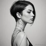 A sketch of a woman with a sharp, asymmetrical haircut, a minimalist, geometric linework tattoo follows the cut, extending down _1 2025 №129 - фото tatufoto.com