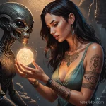 A sketch style illustration of a woman discovering an ancient alien artifact, the strange glyphs on the object perfectly match t 2025 №132 - фото tatufoto.com