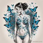 A sketch style illustration of a woman's body dissolving into a swarm of digital butterflies, each butterfly wing is a tiny scre 2025 №133 - фото tatufoto.com