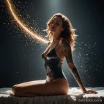 A stunning woman floating in a beam of light, being transported, a tattoo of scattered, ascending particles on her leg, _1 2025 №138 - фото tatufoto.com