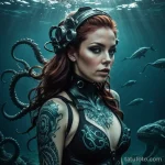 A stunning woman wearing a breathing apparatus, underwater in an alien ocean, a tattoo of a kraken on her back, _1 2025 №145 - фото tatufoto.com