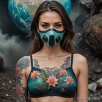 A stunning woman wearing a breathing mask on a planet with a toxic atmosphere, a photorealistic tattoo of clean, blooming flower _1 2025 №147 - фото tatufoto.com