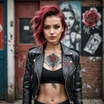 A stunning woman with a confident smirk, wearing a cropped leather jacket, a trash polka tattoo with chaotic elements and a sing 2025 №151 - фото tatufoto.com