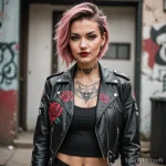 A stunning woman with a confident smirk, wearing a cropped leather jacket, a trash polka tattoo with chaotic elements and a sing _1 2025 №152 - фото tatufoto.com