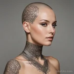 A stunning woman with a shaved head, covered in a single, continuous dotwork tattoo that maps her neural pathways, _1 2025 №154 - фото tatufoto.com