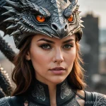 A stunning woman with her face partially obscured by a helmet, a tattoo of a fierce dragon's eye is visible on her neck, looking _1 2025 №155 - фото tatufoto.com