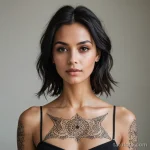 A stunning woman with large, dark eyes, wearing clothes made of smart fabric that mimics the star patterns, a small alien script _1 2025 №159 - фото tatufoto.com