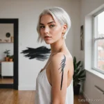 A stunning woman with short, white hair, her minimalist apartment behind her, a single, bold, black brushstroke tattooed from he 2025 №160 - фото tatufoto.com