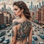 A surreal illustration of a woman's tattoo that is a cityscape, and tiny, inked cars are moving along the roads on her skin, 2025 №161 - фото tatufoto.com
