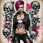 A trash polka illustration of a punk rock girl in a cyberpunk setting, her ripped clothes reveal a chaotic collage of tattoos s _1 2025 №163 - фото tatufoto.com