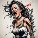 A trash polka illustration of a woman screaming, and the soundwave is a chaotic, destructive tattoo that is tearing across her o 2025 №164 - фото tatufoto.com