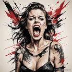 A trash polka illustration of a woman screaming, and the soundwave is a chaotic, destructive tattoo that is tearing across her o _1 2025 №165 - фото tatufoto.com