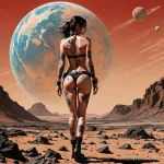 A trash polka illustration of a woman standing on Mars, looking at a tiny, distant Earth, a chaotic tattoo on her back depicts h 2025 №166 - фото tatufoto.com