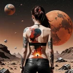 A trash polka illustration of a woman standing on Mars, looking at a tiny, distant Earth, a chaotic tattoo on her back depicts h _1 2025 №167 - фото tatufoto.com