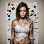 A trash polka illustration of a woman whose body is a crumpled piece of paper, covered in angry, scrawled tattoos and notes to s _1 2025 №170 - фото tatufoto.com