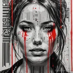 A trash polka sketch of a woman's face, half of which is covered in a barcode and QR codes, with red ink dripping like tears of 2025 №171 - фото tatufoto.com
