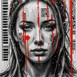 A trash polka sketch of a woman's face, half of which is covered in a barcode and QR codes, with red ink dripping like tears of _1 2025 №172 - фото tatufoto.com
