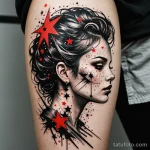 A trash polka tattoo design of a woman's profile, her hair is a chaotic explosion of stars and broken satellite parts, a single, 2025 №173 - фото tatufoto.com