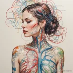 A watercolor illustration of a woman made of glass, her circulatory system is a visible, intricate tattoo of a subway map, 2025 №175 - фото tatufoto.com