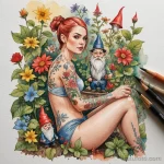 A watercolor sketch of a woman whose tattoo is a garden, and it's being tended to by tiny, tattooed gnomes, _1 2025 №178 - фото tatufoto.com