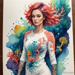 A watercolor sketch of a woman with a full sleeve tattoo of a vibrant, alien coral reef, her simple, white tunic makes the color 2025 №179 - фото tatufoto.com
