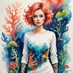 A watercolor sketch of a woman with a full sleeve tattoo of a vibrant, alien coral reef, her simple, white tunic makes the color _1 2025 №180 - фото tatufoto.com