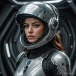 A woman in a sleek spacesuit with the helmet off, a single, photorealistic tear tattooed below her eye, a memento of a lost worl 2025 №184 - фото tatufoto.com